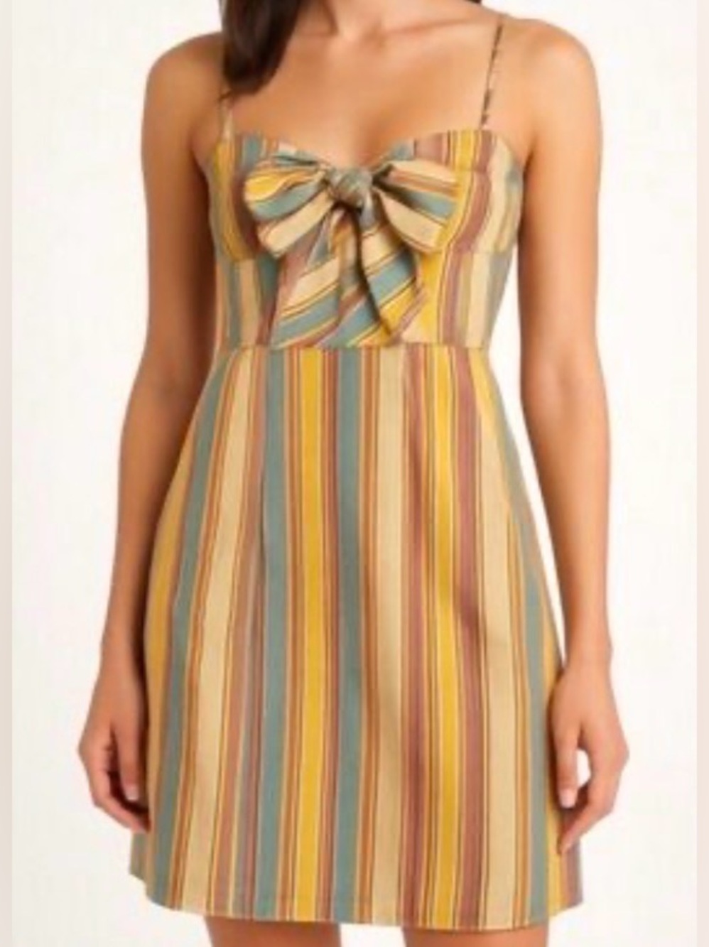 Moulinette Soeurs Striped Bow-Front Mini Dress in Mustard, Teal & Rust
